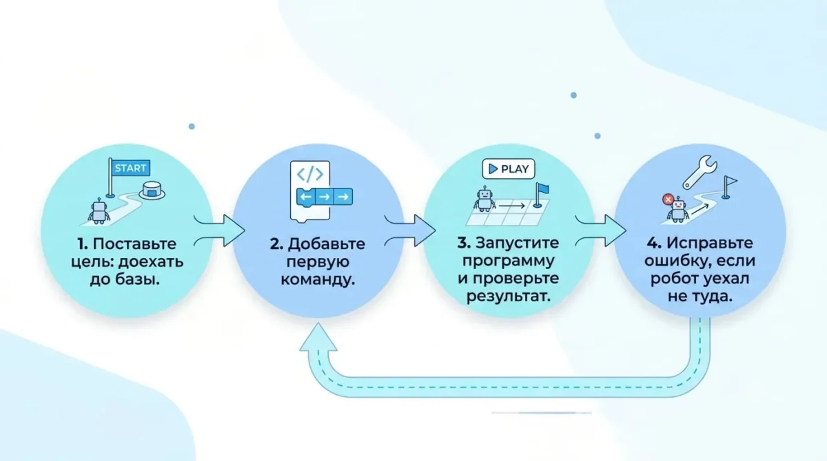 Шаги первой миссии в симуляторе робототехники: цель, команда, запуск, проверка и исправление ошибки