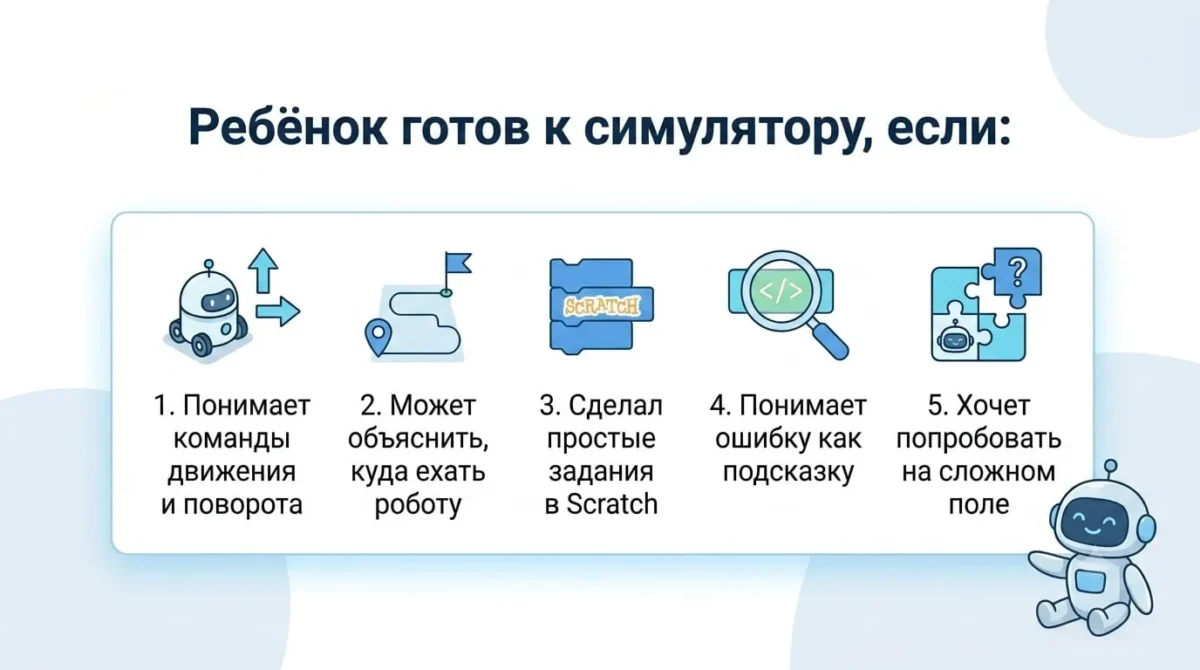 Чек-лист готовности ребёнка к первому симулятору робототехники после занятий в Scratch