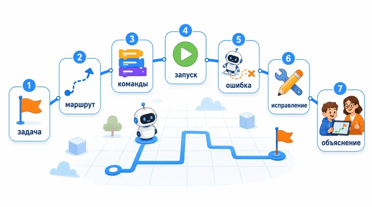 Маршрут урока робототехники в Scratch: задача, команды, запуск, проверка и исправление ошибки