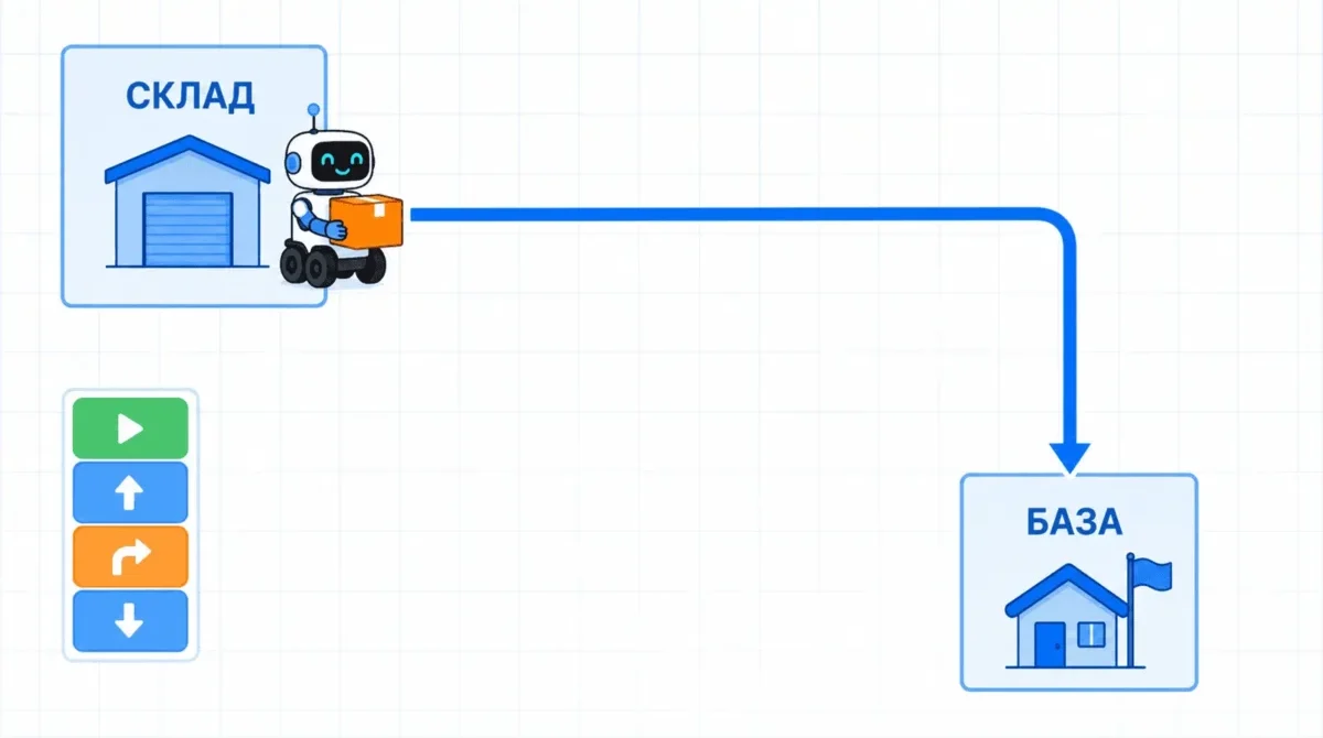 Первая Scratch-миссия для урока: робот-доставщик едет от склада к базе