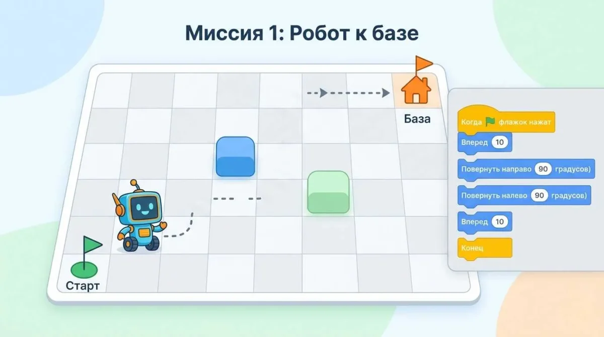 Робот-доставщик в Scratch едет по маршруту от старта до базы