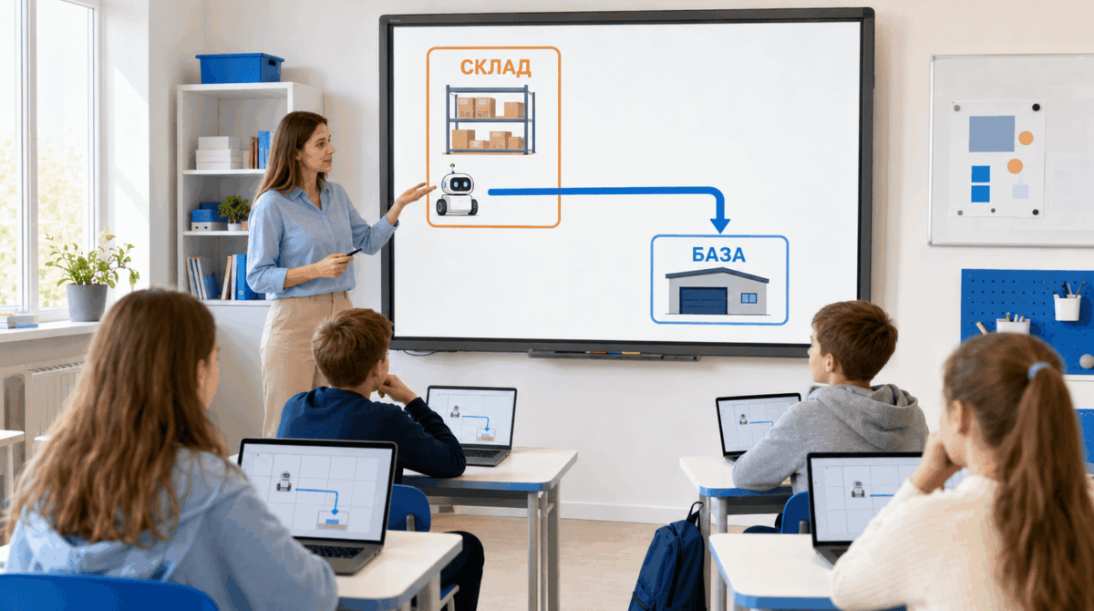 Учитель проводит занятие по виртуальной робототехнике в Scratch