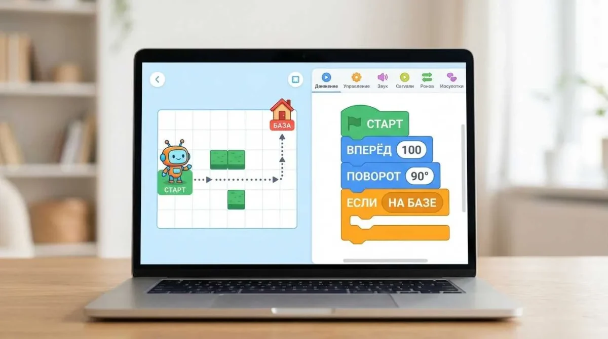 Команды Scratch управляют движением виртуального робота на первом занятии по робототехнике