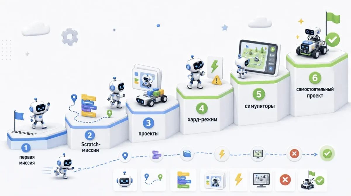 Маршрут участника клуба Robokosha от первой миссии в Scratch до симуляторов и самостоятельного проекта