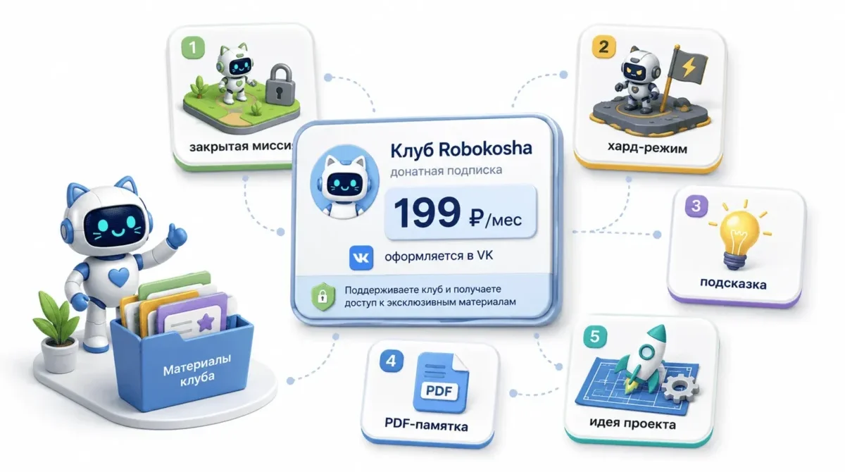 Донатная подписка VK Robokosha за 199 рублей с дополнительными Scratch-миссиями и материалами клуба