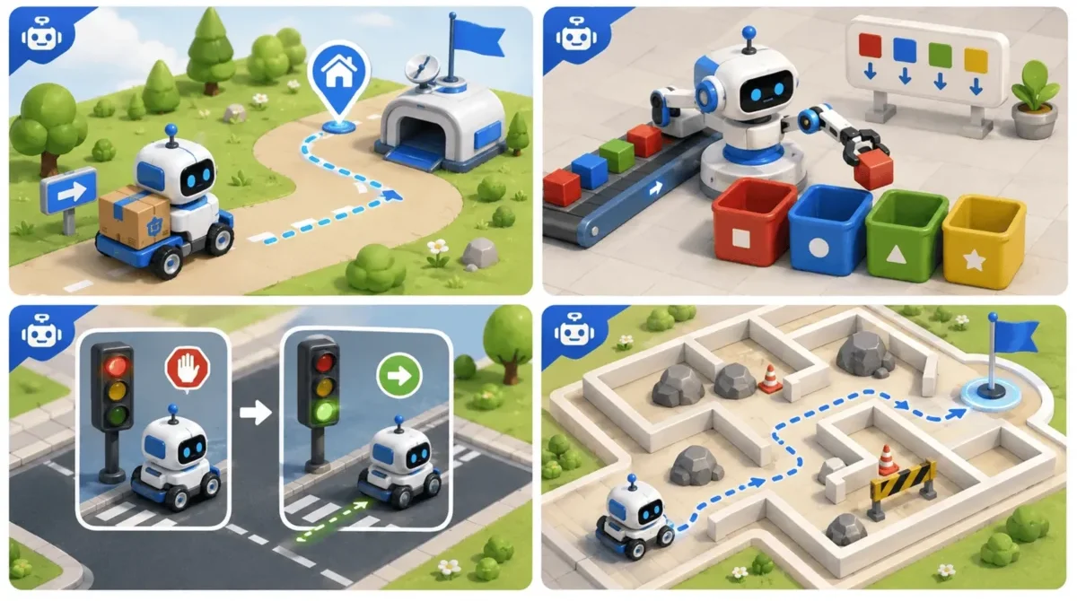 Примеры заданий клуба Robokosha: доставка, сортировка, светофор и лабиринт в Scratch